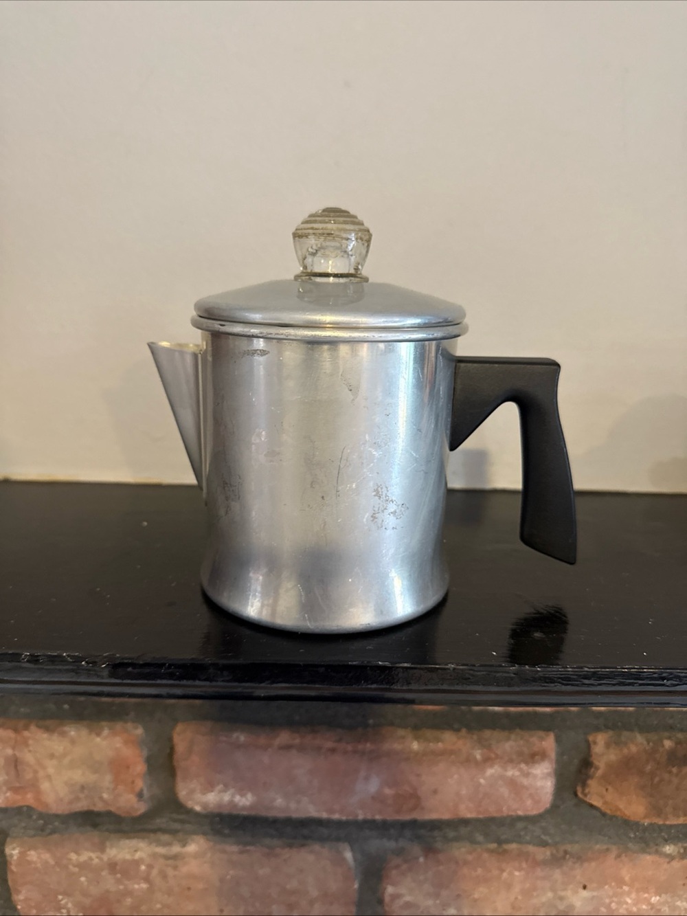 Aluminum Coffee Pot with Black Handle and Clear Glass Knob